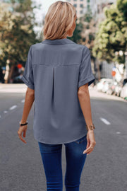 V Neck Button Down Roll Up Sleeve Loose Pocket Blouse