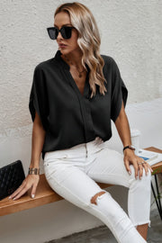 Notched Neck Solid Loose Fit Half Sleeve Blouse