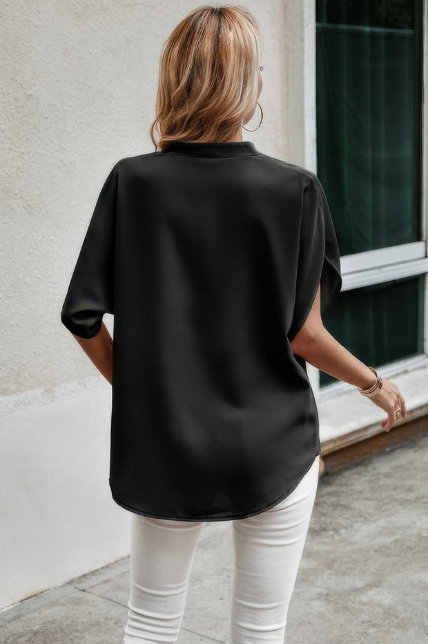 Notched Neck Solid Loose Fit Half Sleeve Blouse
