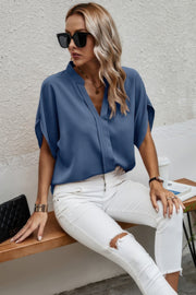 Notched Neck Solid Loose Fit Half Sleeve Blouse