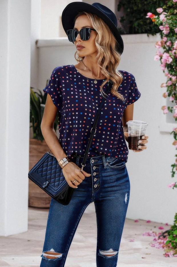 Scoop Neck Polka Dot Batwing Sleeve Blouse