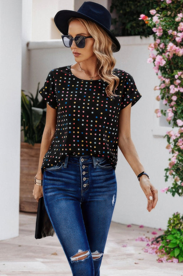 Scoop Neck Polka Dot Batwing Sleeve Blouse