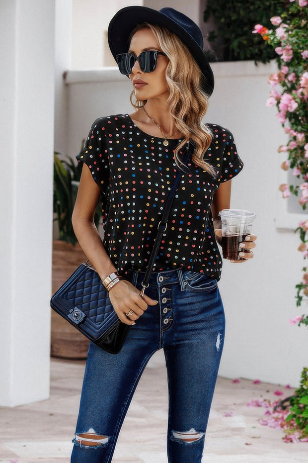 Scoop Neck Polka Dot Batwing Sleeve Blouse