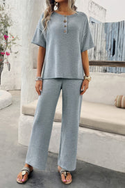 Two Pieces Outfits Knitted Crew Neck Button Set