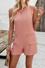 Solid Crewneck Sleeveless Loose Pockets Romper