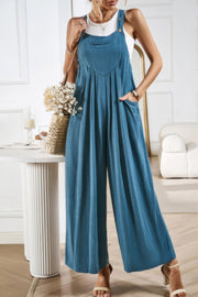 Button Detail Wide Leg Overall Pockets Jumpsuit
