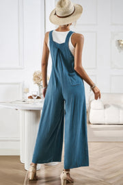 Button Detail Wide Leg Overall Pockets Jumpsuit