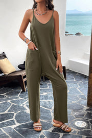 Pocketed Spaghetti Strap Loose Sleeveless Jumpsuit