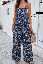 Geo Print Smocked Sleeveless Pockets Jumpsuit
