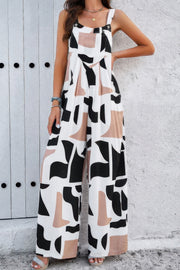 Geo Print Smocked Sleeveless Pockets Jumpsuit