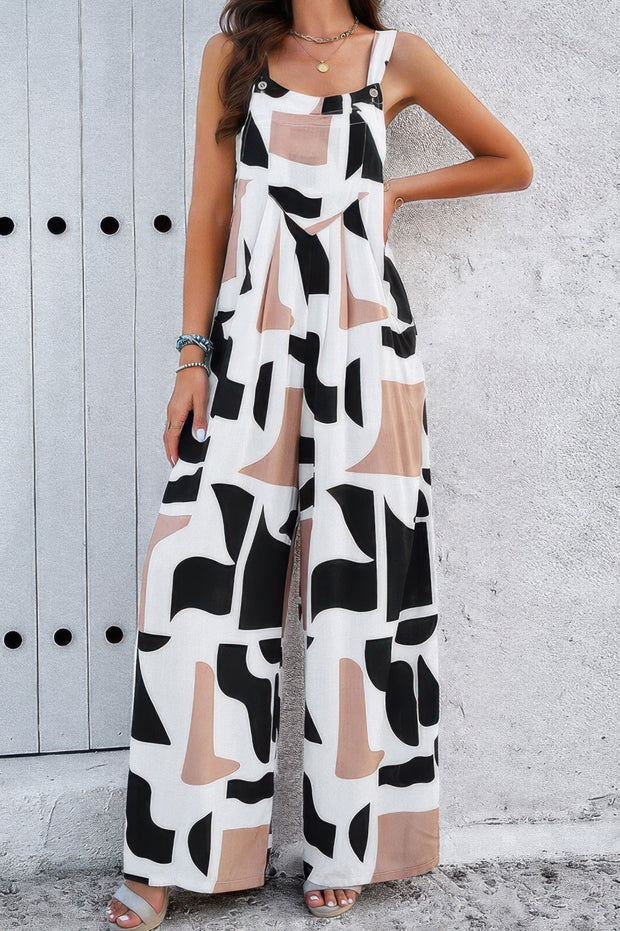 Geo Print Smocked Sleeveless Pockets Jumpsuit