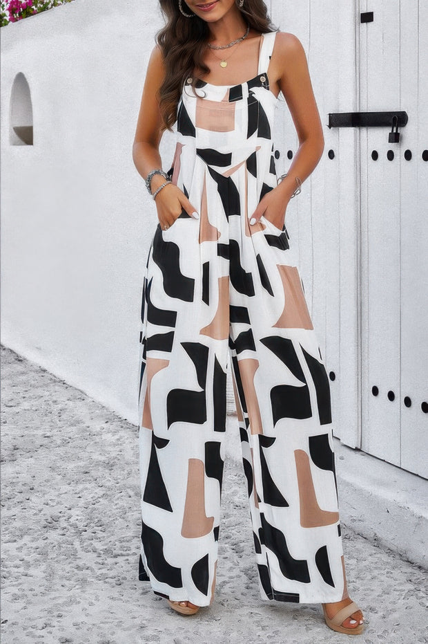 Geo Print Smocked Sleeveless Pockets Jumpsuit