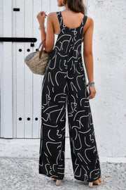 Geo Print Smocked Sleeveless Pockets Jumpsuit