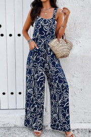 Geo Print Smocked Sleeveless Pockets Jumpsuit