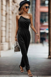 Solid One Slash Shoulder Ruched Sleeveless Jumpsuit