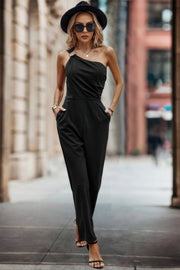Solid One Slash Shoulder Ruched Sleeveless Jumpsuit