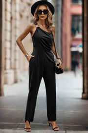 Solid One Slash Shoulder Ruched Sleeveless Jumpsuit