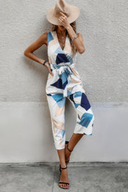 Sleeveless Geo Print Wide Leg Belted Jumpsuit