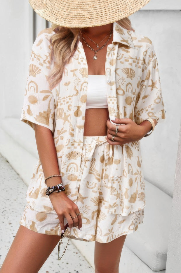Allover Print Elastic Shorts Two Pieces Button Set