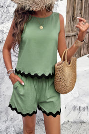 Two Pieces Printed Sleeveless Pockets Shorts Sets