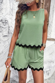Two Pieces Printed Sleeveless Pockets Shorts Sets
