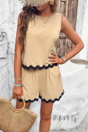 Two Pieces Printed Sleeveless Pockets Shorts Sets