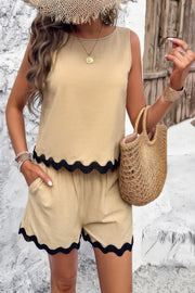 Two Pieces Printed Sleeveless Pockets Shorts Sets