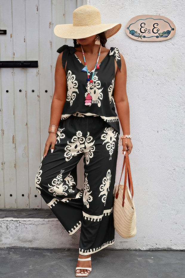 Plus Size Printed Knot Shoulder Wide Leg Sets