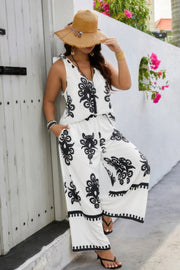 Plus Size Printed Knot Shoulder Wide Leg Sets