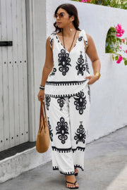 Plus Size Printed Knot Shoulder Wide Leg Sets