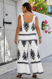 Plus Size Printed Knot Shoulder Wide Leg Sets