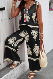 Plus Size Printed Knot Shoulder Wide Leg Sets