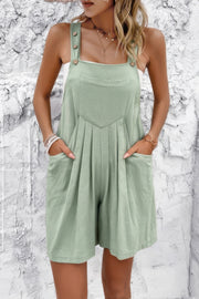 Square Neck Pockets Button Tirm Ruched Romper