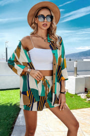 Graphic Print Open Front Pockets Blouse And Short