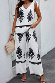Floral Knot Shoulder Sleeveless Elastic Waist Sets