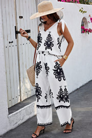 Floral Knot Shoulder Sleeveless Elastic Waist Sets