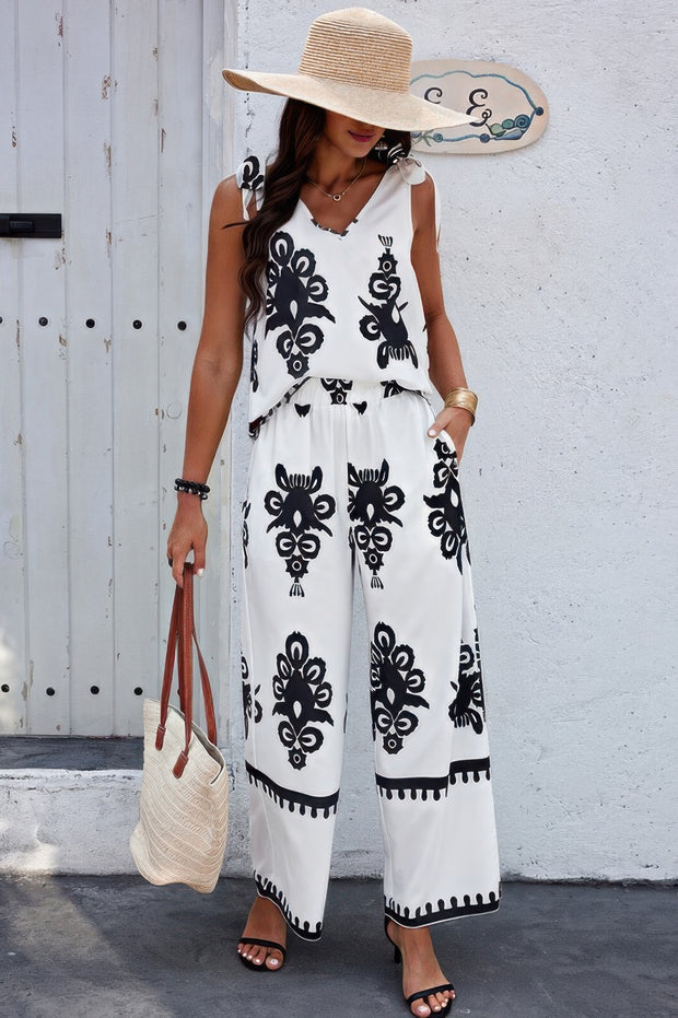 Floral Knot Shoulder Sleeveless Elastic Waist Sets