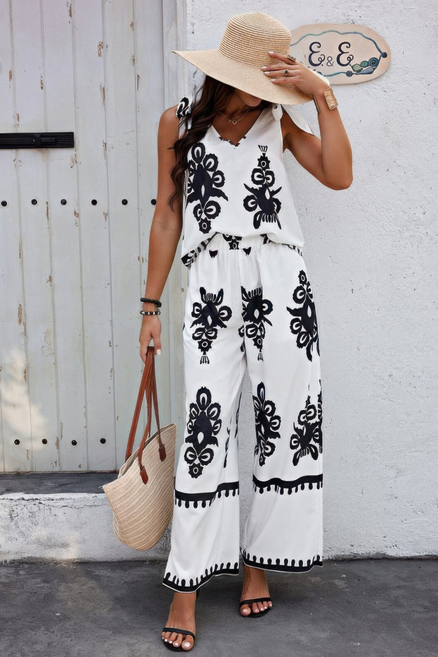 Floral Knot Shoulder Sleeveless Elastic Waist Sets