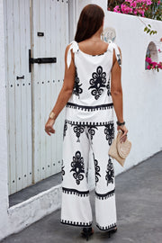 Floral Knot Shoulder Sleeveless Elastic Waist Sets