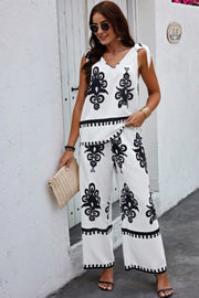 Floral Knot Shoulder Sleeveless Elastic Waist Sets
