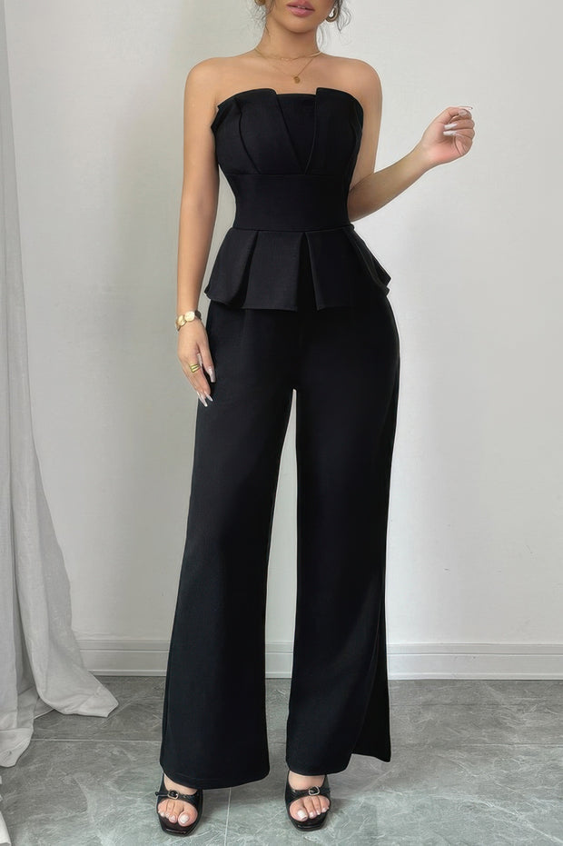 Off Shoulder Back Hide Zipper Pleated Fit Jumpsuit