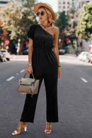Plain One Shoulder High Waist Fit Jumpsuit