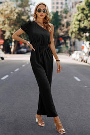 Plain One Shoulder High Waist Fit Jumpsuit