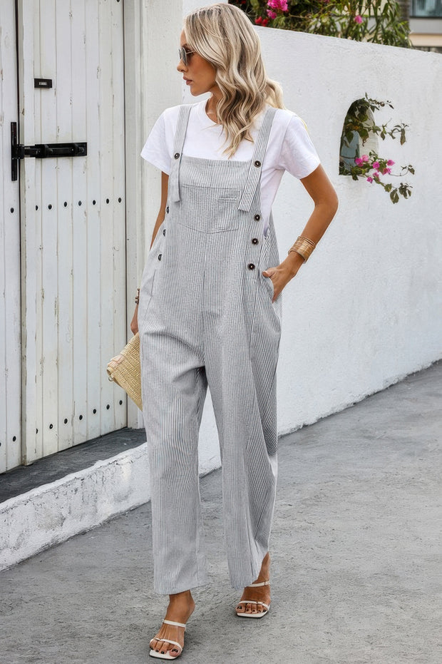 Solid Square Neck Button Trim Pockets Jumpsuit