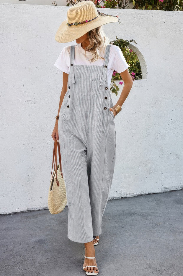Solid Square Neck Button Trim Pockets Jumpsuit