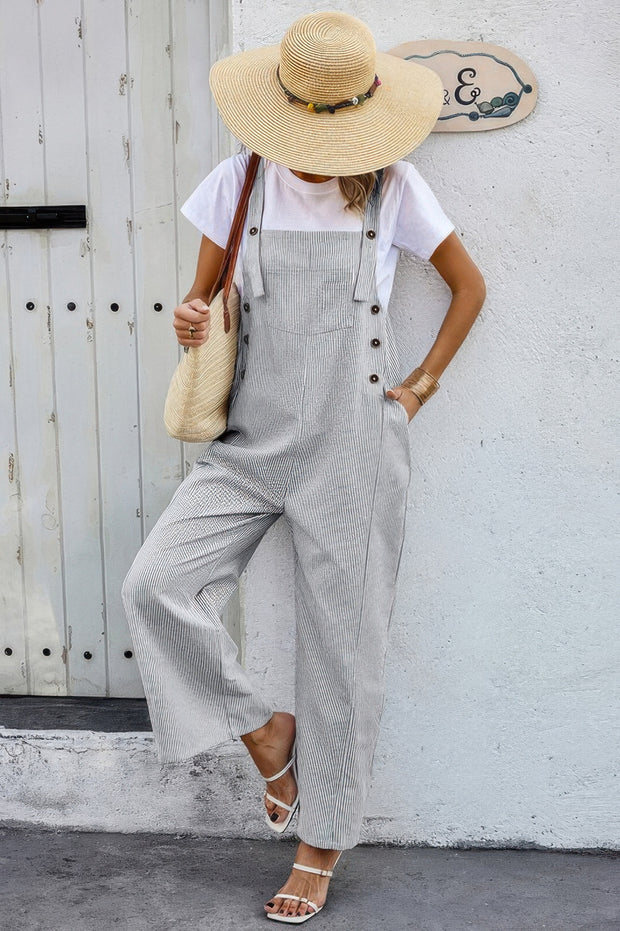 Solid Square Neck Button Trim Pockets Jumpsuit