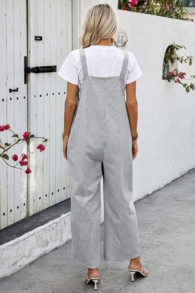 Solid Square Neck Button Trim Pockets Jumpsuit