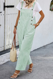 Solid Square Neck Button Trim Pockets Jumpsuit