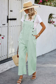 Solid Square Neck Button Trim Pockets Jumpsuit