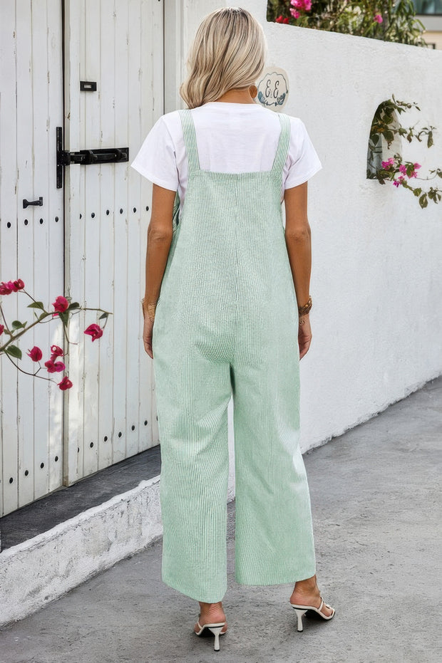 Solid Square Neck Button Trim Pockets Jumpsuit